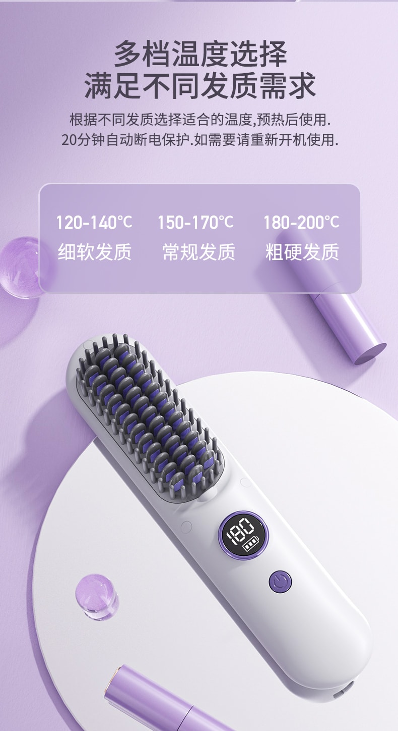 中國 HuiHao 匯豪液晶顯示負離子直髮器無線直髮梳 白色 1件