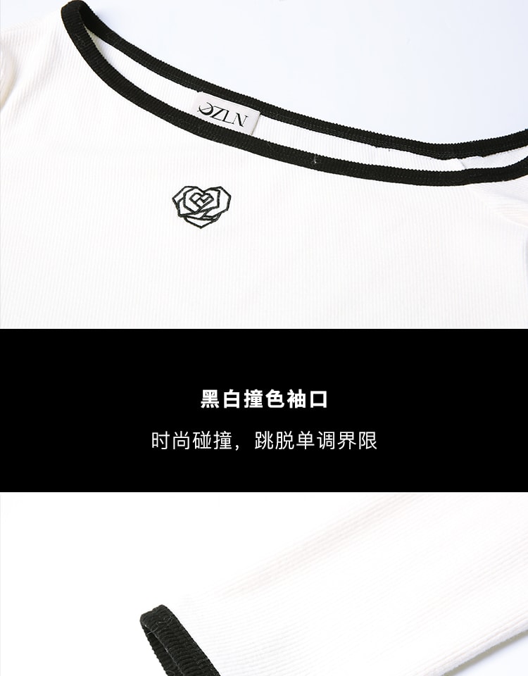 【中国直邮】OZLN 早秋新品修身显瘦法式斜领露肩针织上衣 白色 S