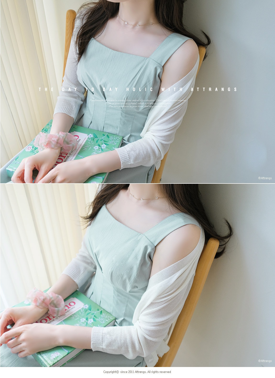 【韩国直邮】ATTRANGS 方领无袖折皱收腰气质纯色好看连衣裙 深蓝色 M