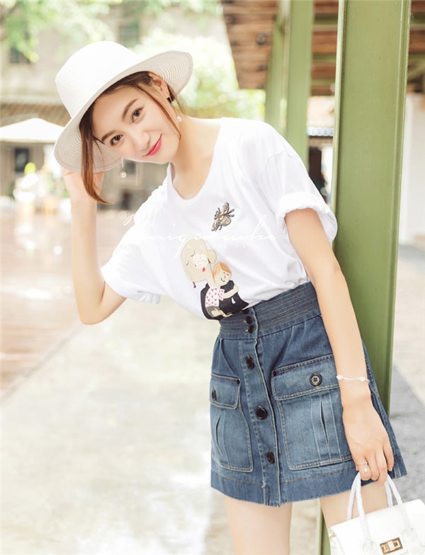 White Pure Cotton T-shirt for Girls Women Mother Holds Baby Pattern Long Tops S