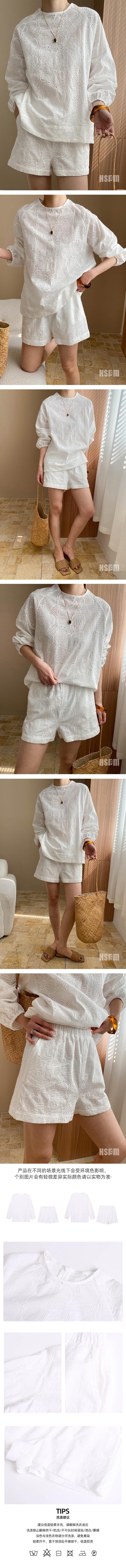 【中國直郵】 HSPM 新款法式鏤空繡花圓領寬鬆襯衫鬆緊短褲套裝 白色 S