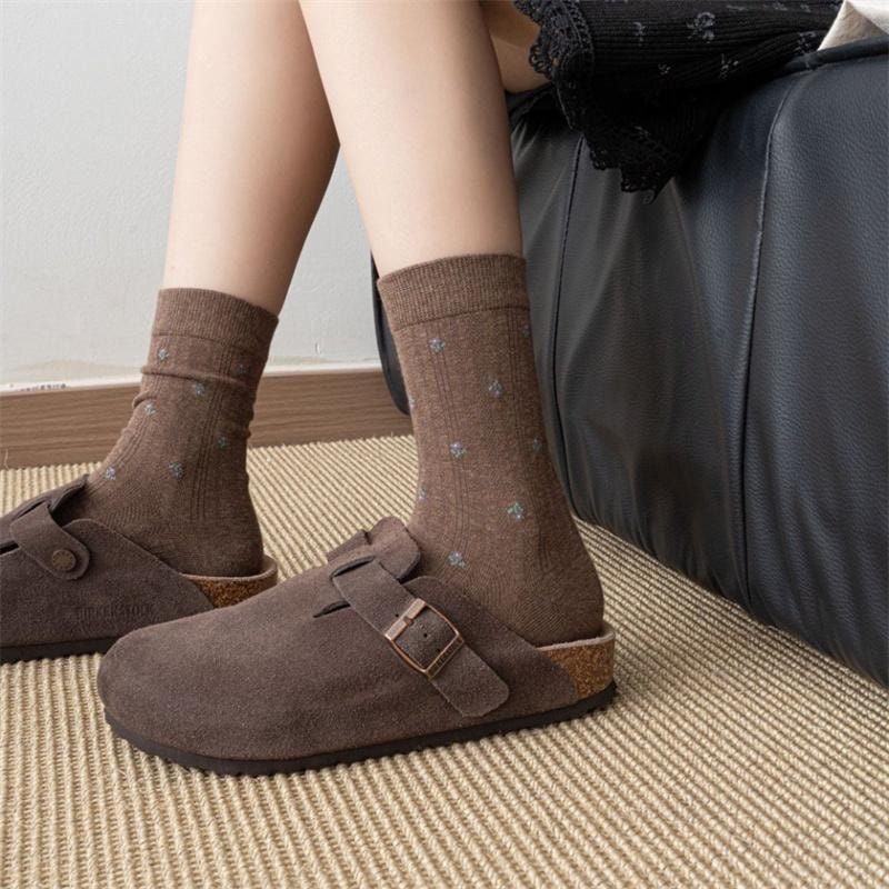 亲太太 秋冬无骨学院风复古小碎花袜子女中筒袜 均码 浅灰 咖色 深灰 3双装