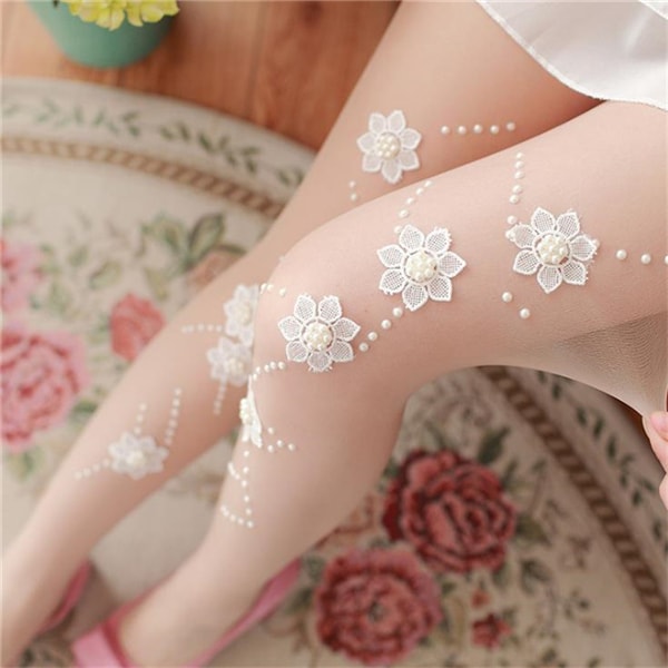 Girls Women Sexy Pantyhose Applique Beaded Silk Stockings Ultra Thin Transparent Slim Elastic Tights White 1PC