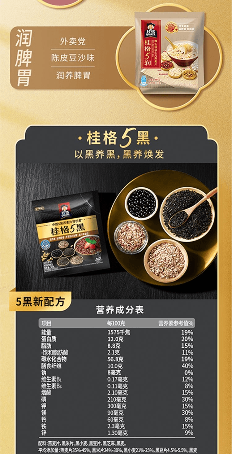 美国QUAKER桂格桂格桂格5白5红5黑即食混合燕麦片黑芝麻独立小包装早餐代餐30g*3包各一包- 亚米