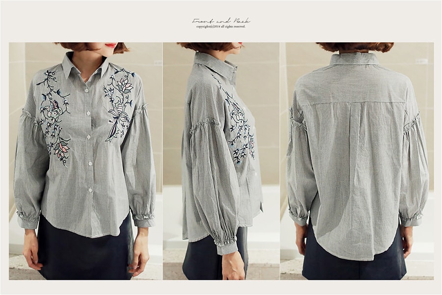 [韩国正品] MAGZERO 碎花刺绣褶皱宽松衬衫 #条纹 One Size(S-M) [免费配送]