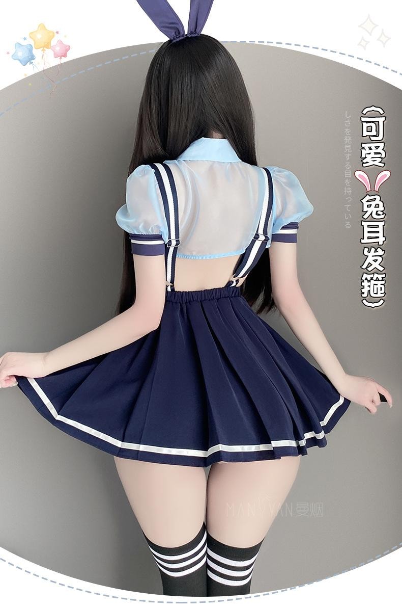 【中国直邮】 曼烟 情趣内衣 性感JK百褶背带裙兔女郎警官套装 蓝色均码(含丝袜)