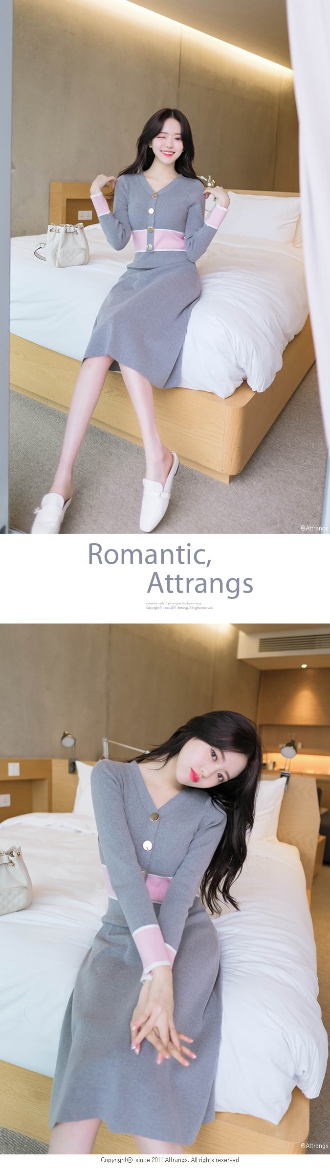【韩国直邮】ATTRANGS 韩国性感女人味V领高腰修身针织连衣裙 灰色 均码