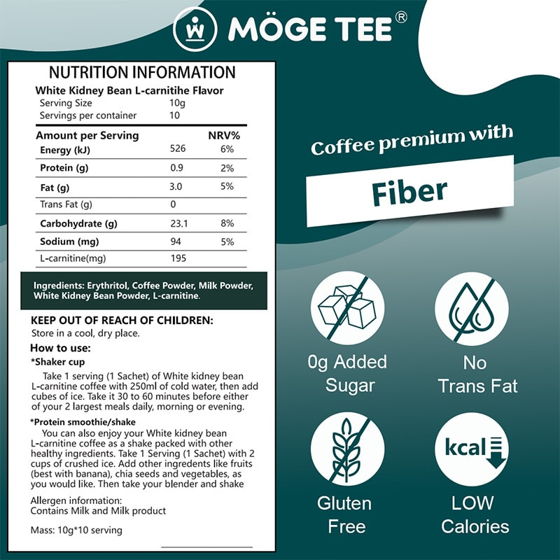 Moge Tee White Kidney Bean L-Carnitine Coffee Premium Arabica Blend with  Milk Powder 3.53oz (10 Bags)