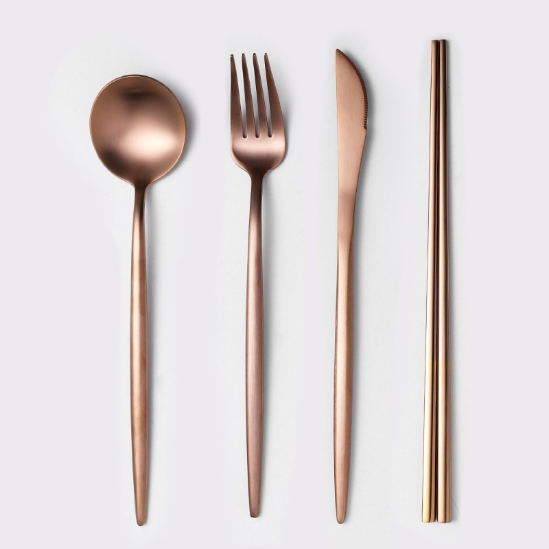 304不銹鋼葡萄牙家用高級餐具甜點刀叉勺套裝西餐 刀叉勺+筷子 黑金四件套