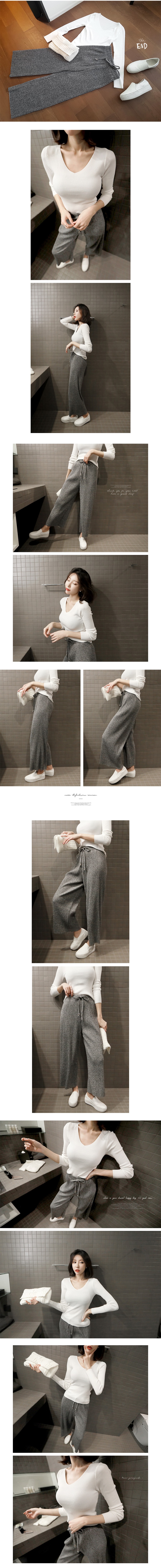 [2018 New] Ribbed Knit Top Ivory and Wide Leg Pants Grey 2 Pieces Set One Size(S-M)