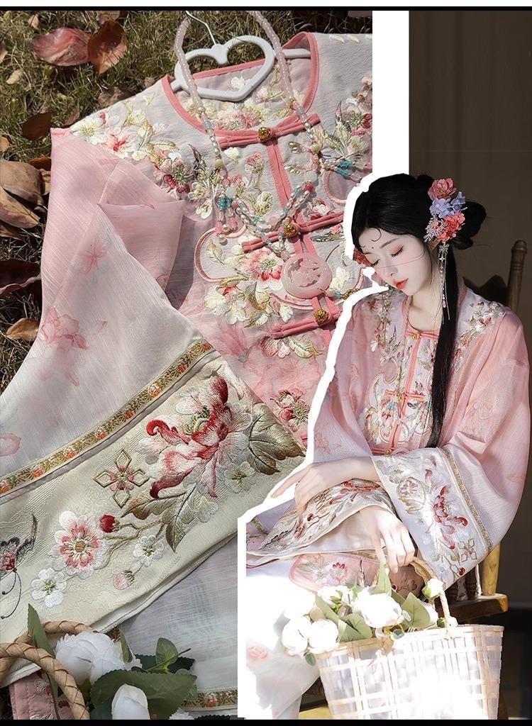 【中国直邮】 FOXTAIL 重工刺绣新中式国风汉服 清汉 女印花 渐变 套装 复古  -蓝色 M码 1套