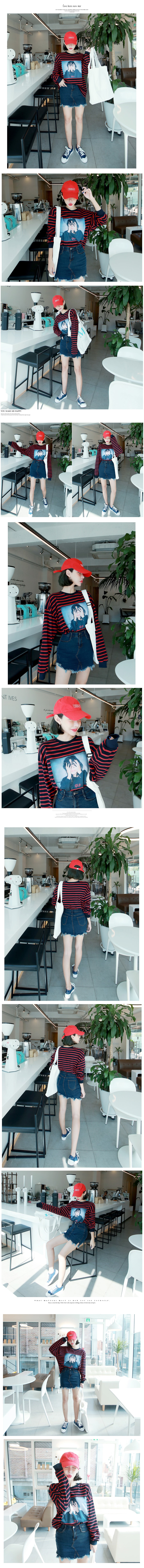 [KOREA] Striped Patch T-Shirt #Black&amp;Red One Size(Free) [免费配送]