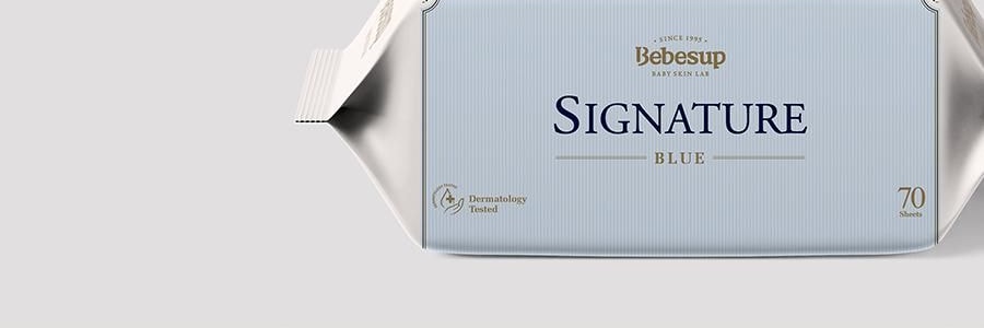 韩国BEBESUP SIGNATURE宝宝湿巾 手口湿巾 经典系列 带盖 70抽 BLUE系列【超值3包】