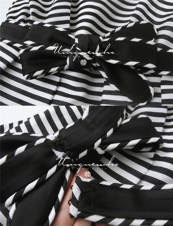 Black and White Stripe Bowknot Belted Long Slip Dress for Girls Women XS