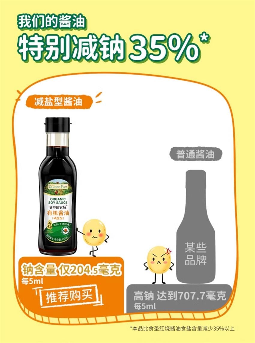 【中國直郵】 爺爺的農場 特級有機減鹽醬油 無添加兒童寶寶輔食專用調味料 152ml/瓶(明星代言-劉濤)