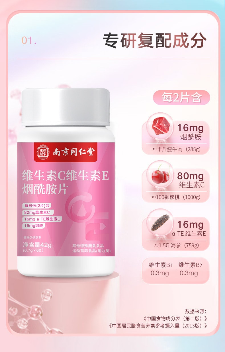 【中国直邮】南京同仁堂  维生素C维生素E烟酰胺维生素咀嚼片维他命补充维生素   60粒