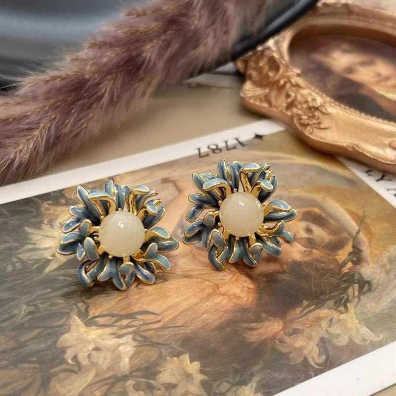 「中古Vintage」宫廷风蓝白滴油花卉耳钉 | 手作珐琅彩耳饰 | 复古巴洛克耳环 | 镀金防过敏耳坠 度假宴会日常配饰