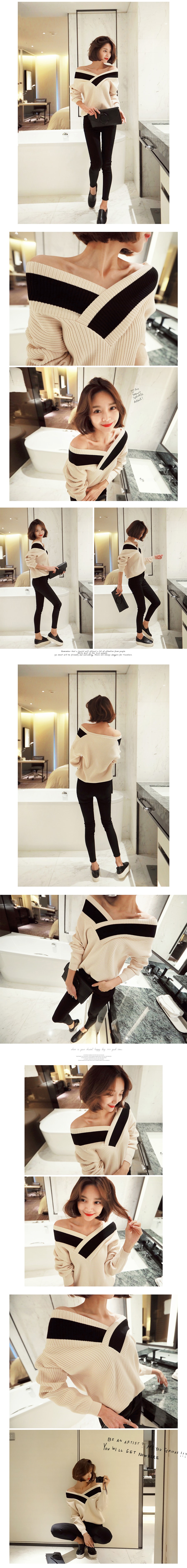 [KOREA] Contrast Panel Knit Sweater#Light Beige One Size(S-M) [Free Shipping]