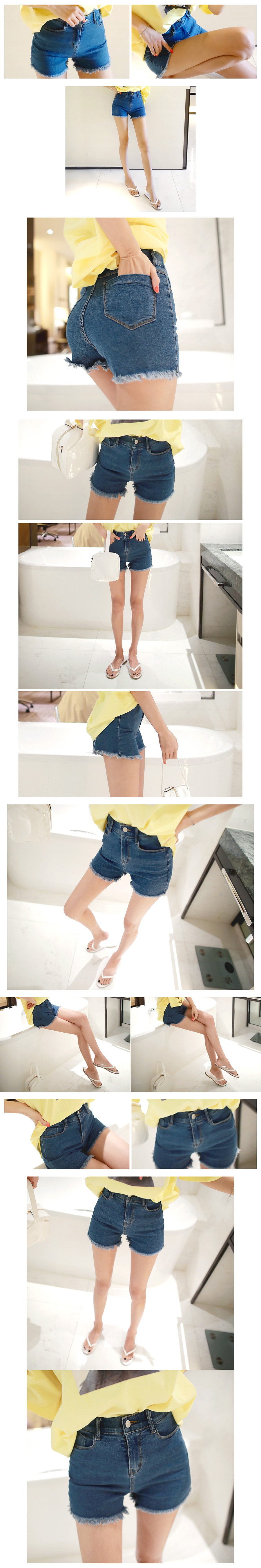 KOREA High-Rise Cut-Off Denim Shorts #Blue M(25-26) [Free Shipping]
