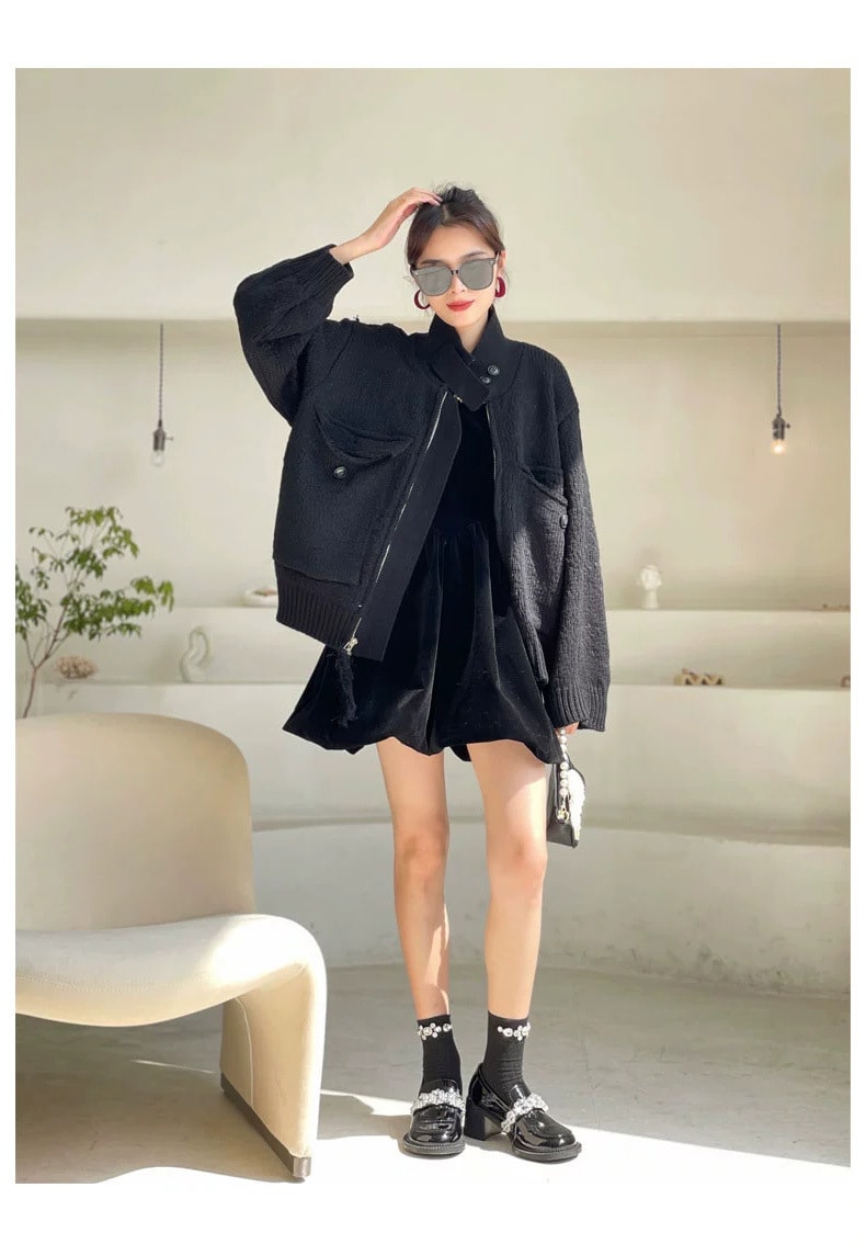 中国直邮 莉欧蓓琪  设计感重工立领时尚潮上衣高级感毛衣女 黑色 均码