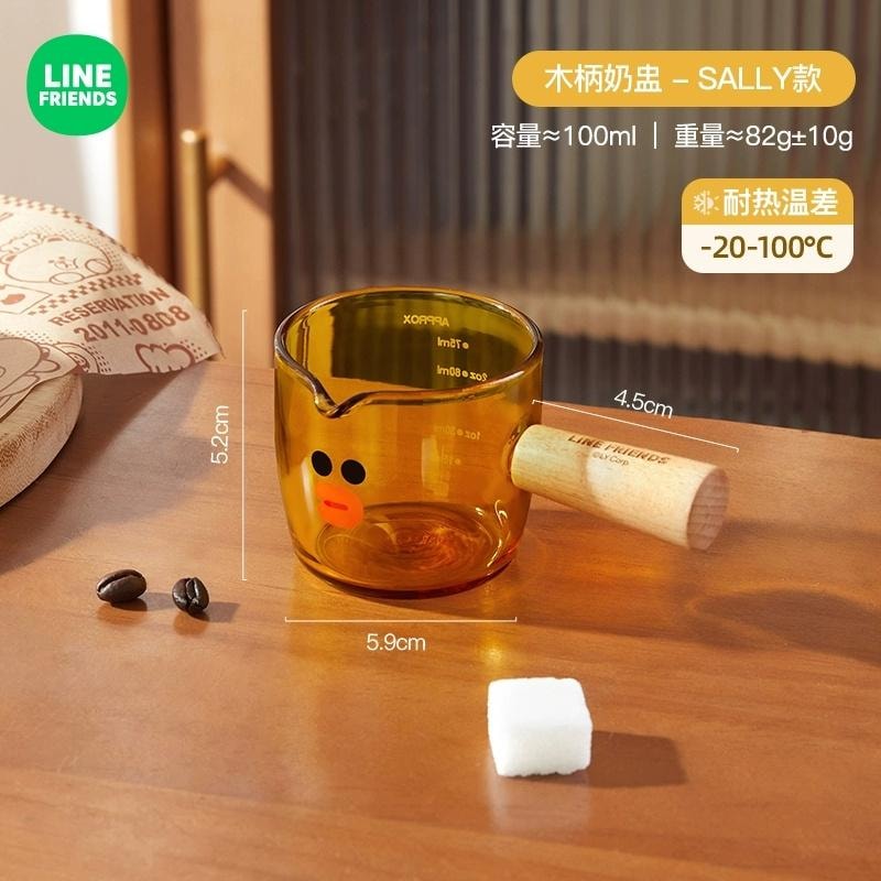 【中國直郵】 日本 LINE FRIENDS 木柄小奶盅杯玻璃帶刻度濃縮咖啡液萃取量杯 莎莉雞100ml 1個