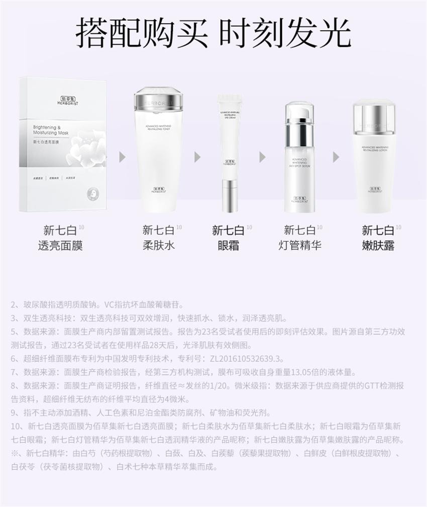 【中国直邮】 HERBORIST佰草集 新七白奶皮面膜 补水 保湿 提亮 玻尿酸烟酰胺 击退暗沉 光感净透 6片/盒
