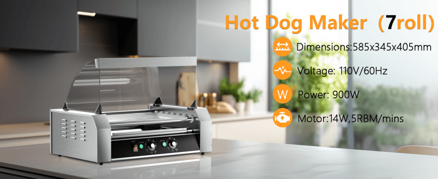 【中国直邮】 美国 Tieasy 热狗烤架18 个热狗容量7 个不粘不锈钢滚筒带可拆卸玻璃盖的烤架热狗烤架900 瓦