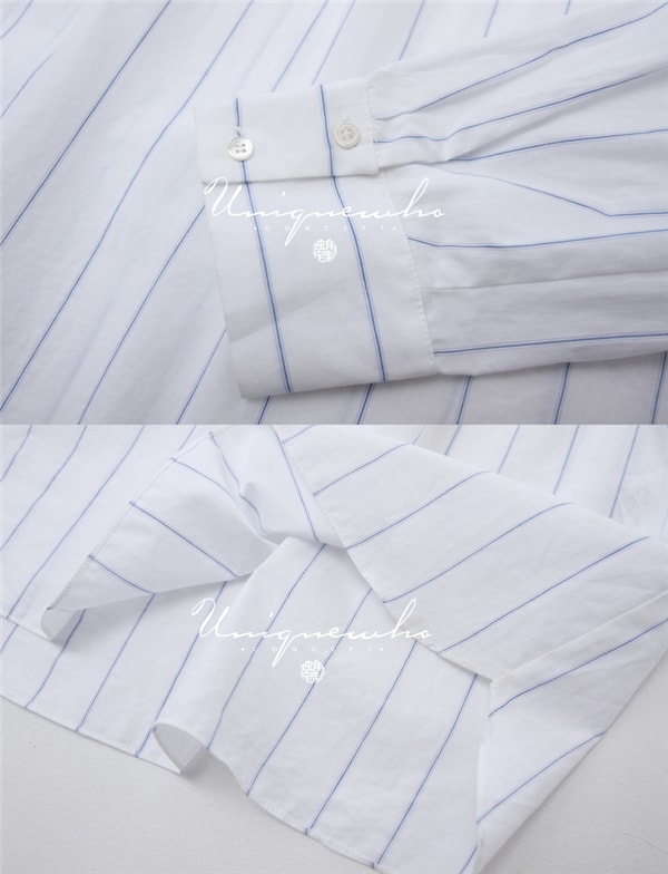 White Lace Patchwork Stand Collar Pure Cotton Stripe Shirt Blouse for Women Girls L