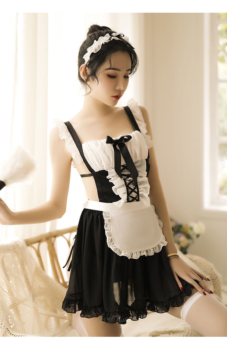 【中國直郵】瑰若 性感可愛 女僕裝女傭制服 情趣套裝 白色 均碼(含絲襪)