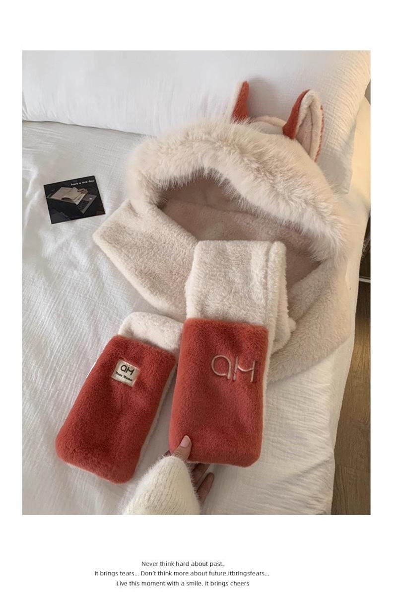 FOXTAIL 毛茸茸火狐狸一体帽 帽子 围巾 手套 冬季 保暖 防风 围脖 连帽 1个