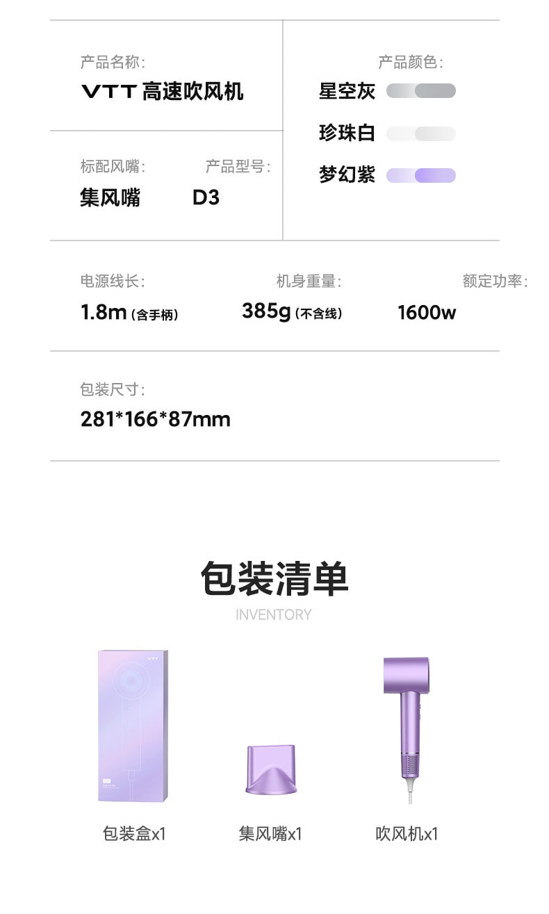 【中国直邮】VTT  110V美规高速吹风机大风力吹风筒电吹风家用负离子吹风机  灰色