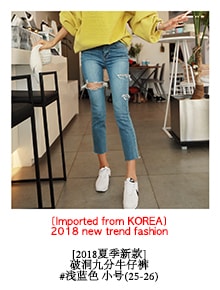 [KOREA] Skewed-Waist Distressed Skinny Jeans #Black S(25-26) [免费配送]