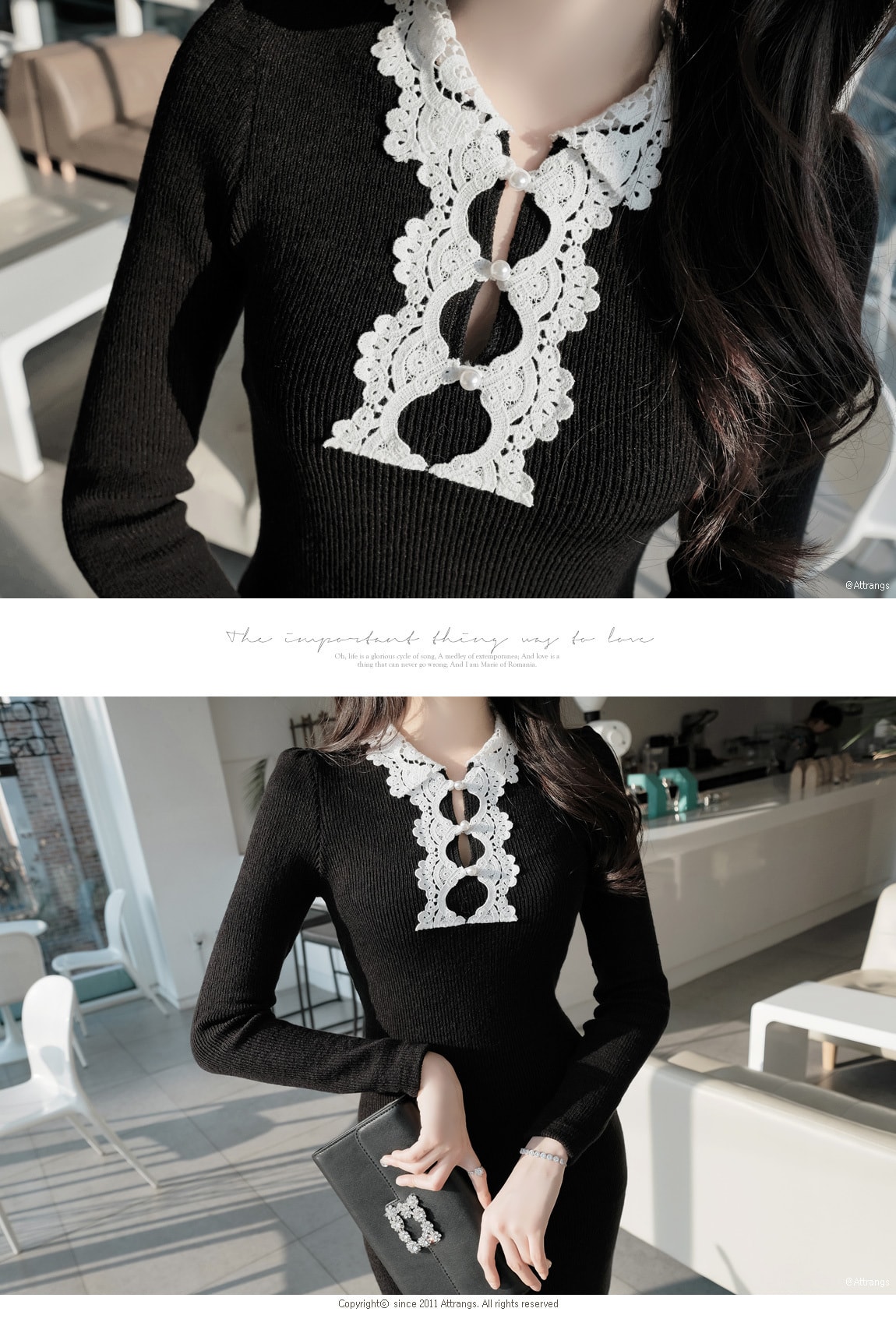 【韩国直邮】ATTRANGS 蕾丝细节珍珠装饰修身连衣裙 黑色 均码