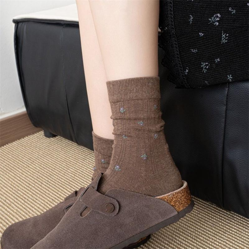 亲太太 秋冬无骨学院风复古小碎花袜子女中筒袜 均码 浅灰 咖色 深灰 3双装