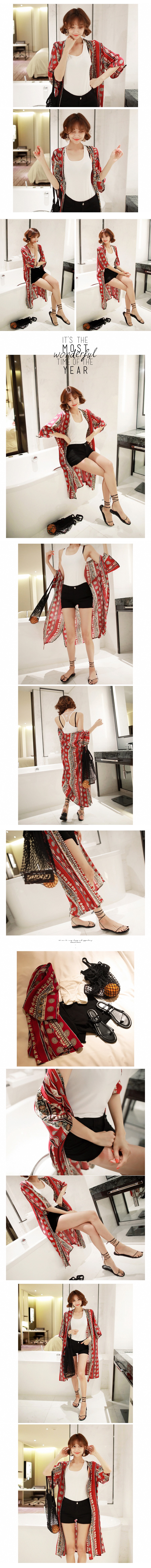 KOREA Kimono Style Ethnic Pattern Robe Cardigan #Red One Size(Free) [Free Shipping]