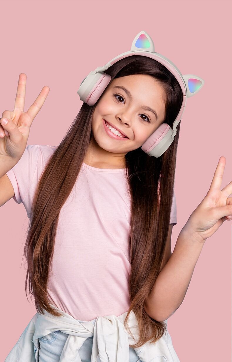 【中國直郵】梵洛 貓耳朵頭戴式藍牙耳機 無線發光電腦電競 紫粉色貓耳款