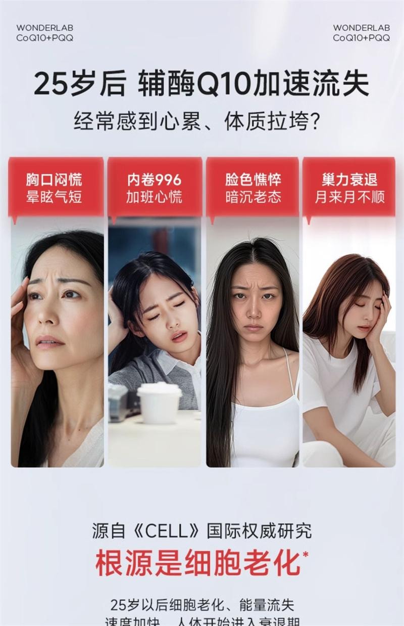 【中國直郵】 WONDERLAB 輔酶Q10保護心臟血管PQQ熬夜保健品軟膠囊 60粒/瓶