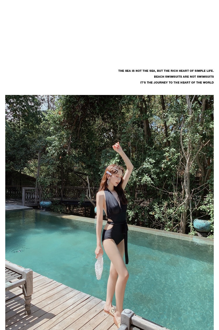 【中国直邮】亦美珊 遮肚显瘦连体仙女范 保守温泉游泳衣 黑色XL码