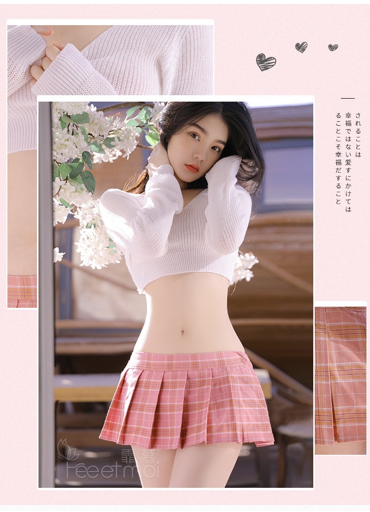 中國 霏慕 小短裙JK學生裝製服毛衣性感套裝均碼 白+粉格