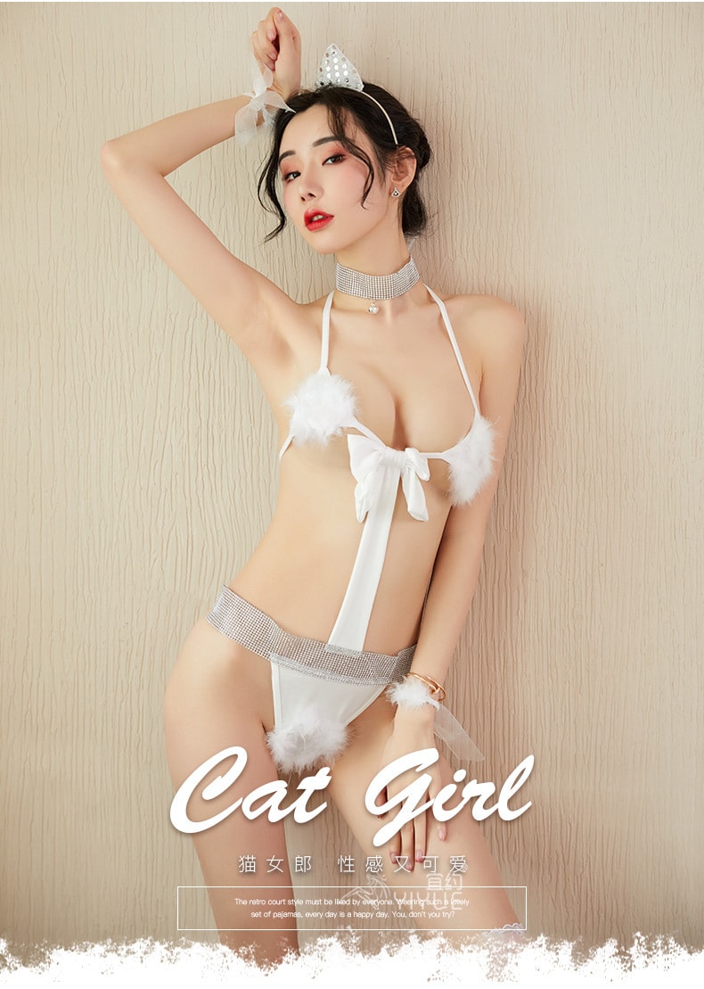 【中国直邮】宜约 性感猫女郎 制服诱惑 闪钻猫女激情套装 白色一套