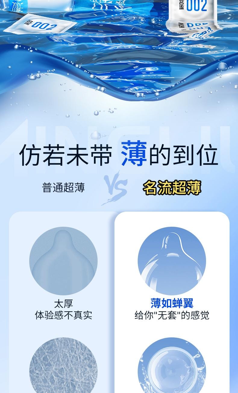 【中国直邮】 名流 致薄003避孕套30只装/盒 嫩滑玻尿酸持久颗粒安全套