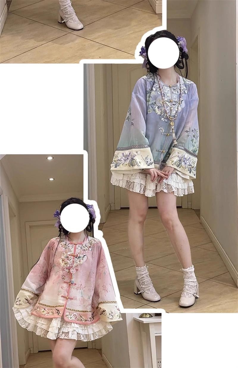 【中国直邮】 FOXTAIL 重工刺绣新中式国风汉服 清汉 女印花 渐变 套装 复古  -蓝色 M码 1套