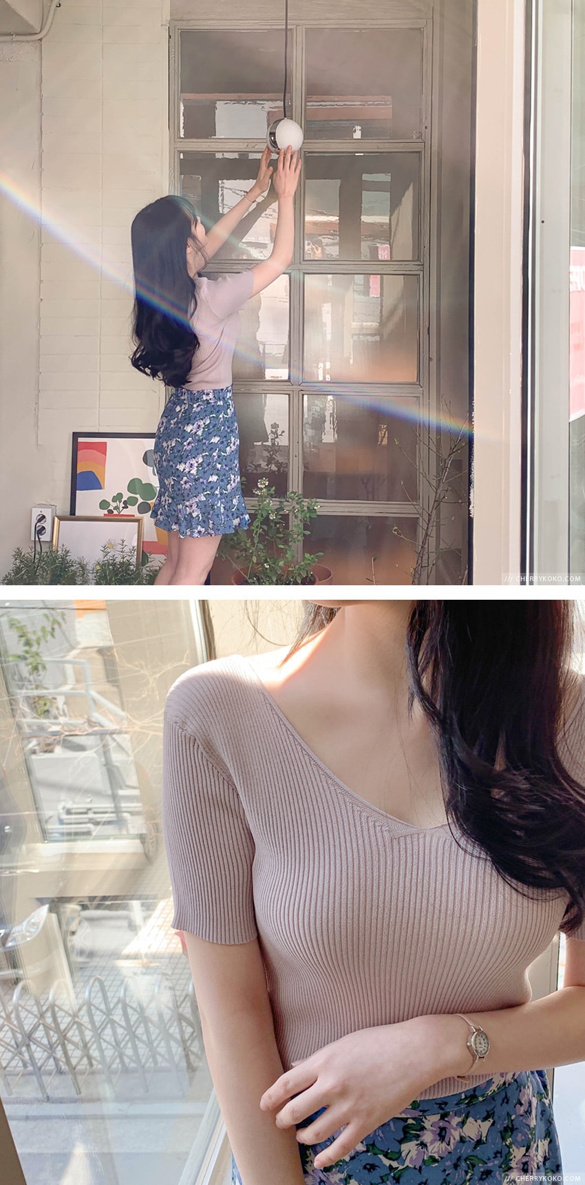 【韩国直邮】CHERRYKOKO 时尚出街修身V领显瘦短袖针织T恤 米色 均码