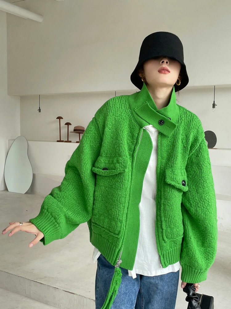 中國直郵 莉亞蓓琪 設計感重工立領時尚潮上衣高級感毛衣女 黑色 均碼