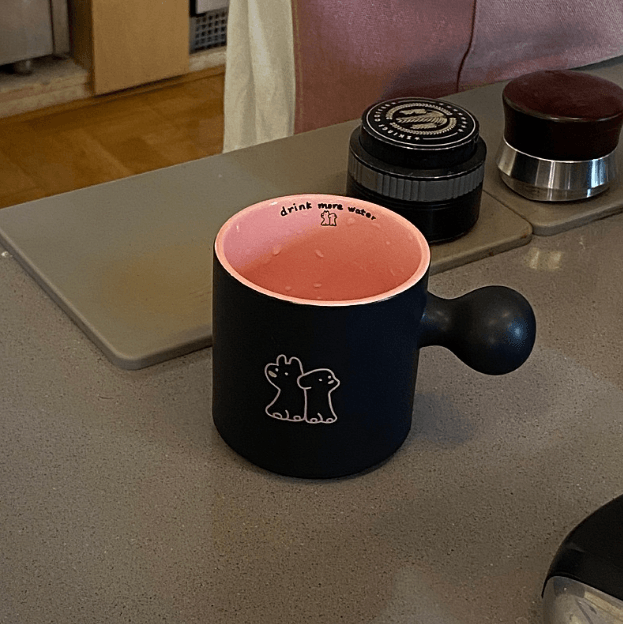 中国黑粉芭比甜心陶瓷350ml 马克杯 粉色小狗圆球手柄水杯咖啡杯子#黑粉一个装
