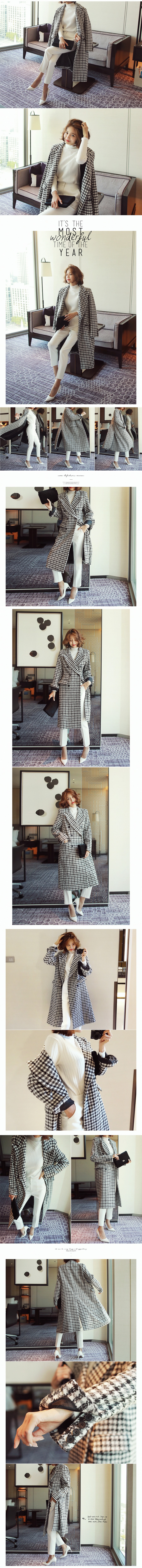 Double-Breasted Houndstooth Wool-Blend Long Coat #Ivory&amp;Black One Size(S-M) [Free Shipping]