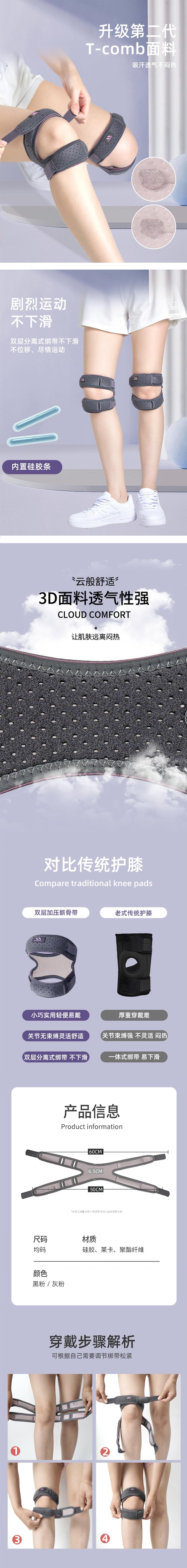 HSPM 新款專業減震加壓透氣矽膠護膝運動跑步跳繩健身髕骨帶男女通用 黑粉 單裝