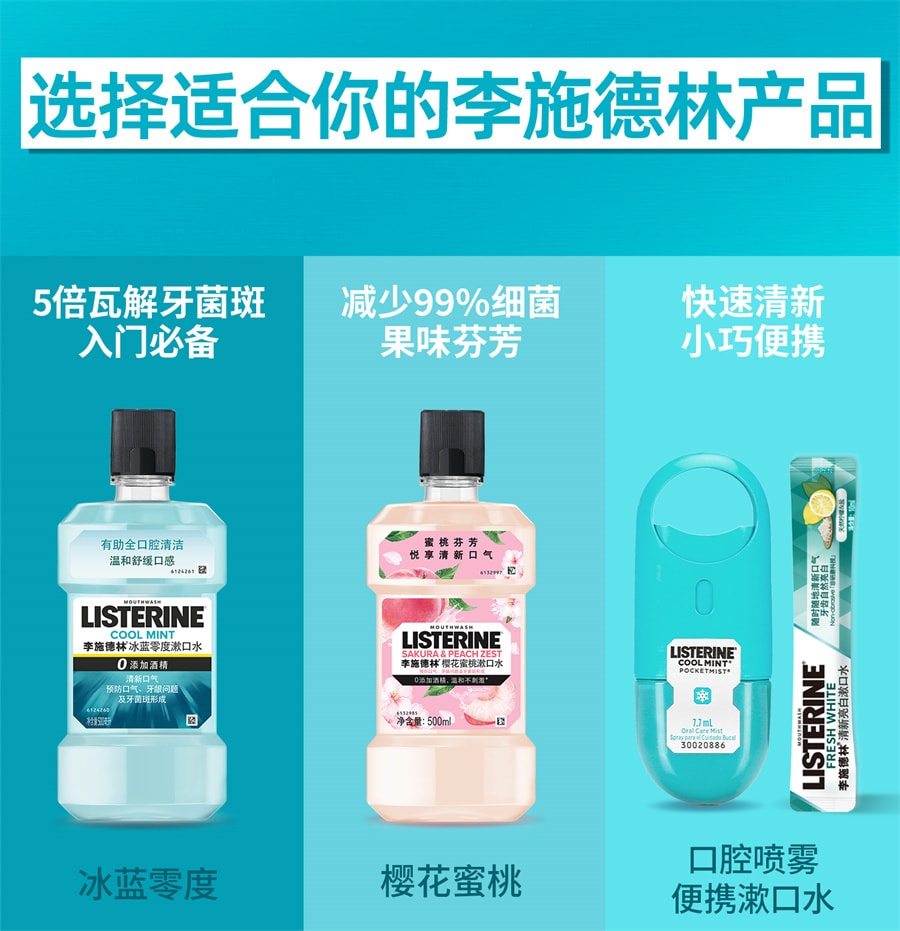 【中国直邮】李施德林 零度精油漱口水清洁口腔口臭口气清新留香 冰蓝零度500ml