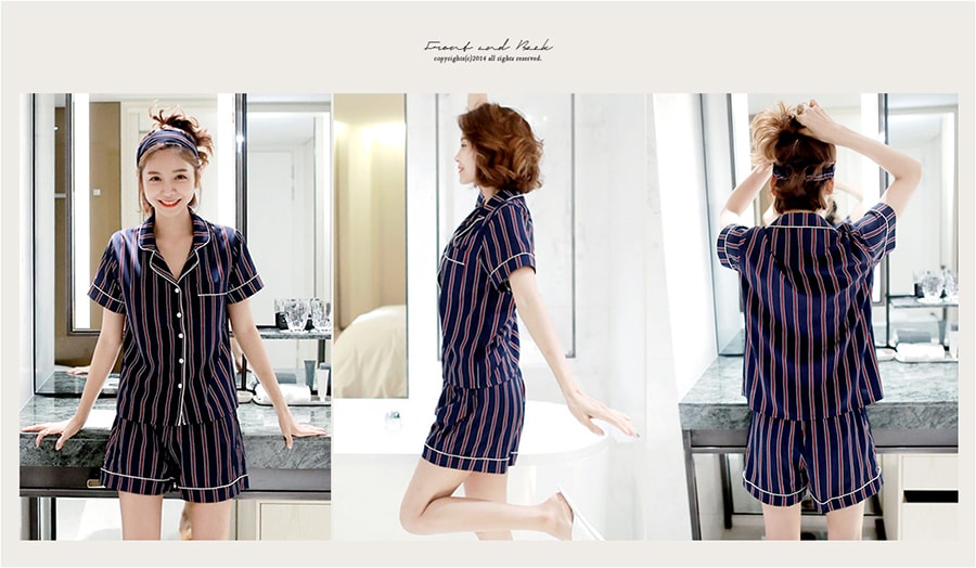 [KOREA] Stripe Pajamas Shirt+Shorts+Headband 3 Pieces #Navy One Size(S-M) [Free Shipping]