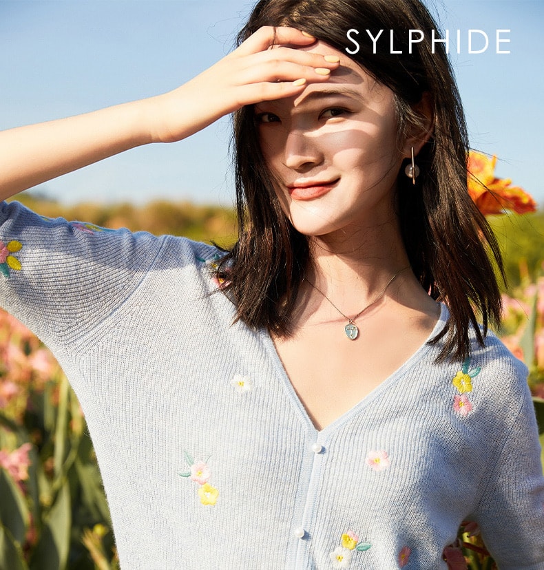 Sylphide 藍色刺繡V領短袖針織衫 S碼